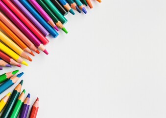 Fototapeta premium colorful pencils, art supplies, creativity background, drawing tools arranged neatly, vibrant color arrangement against a white backdrop A perfect setting for educational or artistic themes