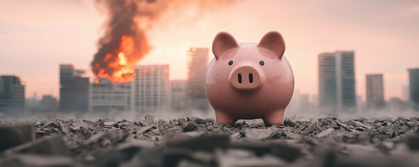Economy deficit concept. piggy bank stands alone amidst collapsing cityscape, evoking concern