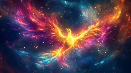 Majestic Fiery Phoenix Rises from Cosmic Ashes Signifying Rebirth and New Beginnings