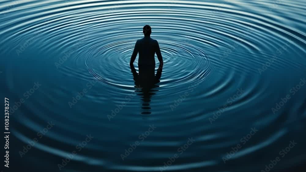 Poster man is standing in water, creating ripples that symbolize the complex workings of the human brain an