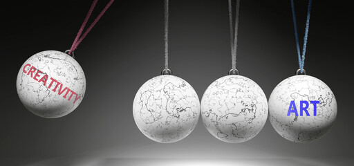 Creativity and Art - cause and effect relationship. A Newton cradle metaphor showing how creativity results in art. It initiates art. ,3d illustration