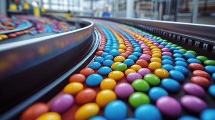 Colorful candy-coated chocolates moving along a conveyor belt in a candy factory.