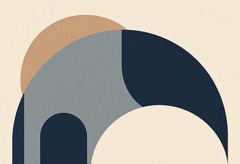 Contemporary Geometric Art with Quarter Circles: A Modernist Composition in Navy Blue, Beige, and Gray Featuring Soft Gradients and Clean Lines