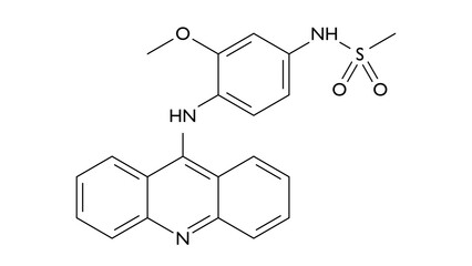 amsacrine molecule, structural chemical formula, ball-and-stick model, isolated image anticancer agent