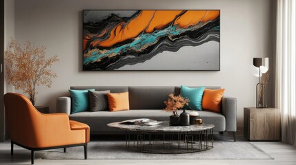 Modern Living Room with Stylish Orange and Gray Decor Featuring Abstract Wall Art, Cozy Sofa, and Elegant Coffee Table for Contemporary Home Vibes