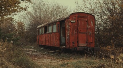 Abandoned Red Train Car Surrounded by Overgrown Brush and Trees in a Rustic Autumn Landscape Captured in Dramatic Light and Shadows