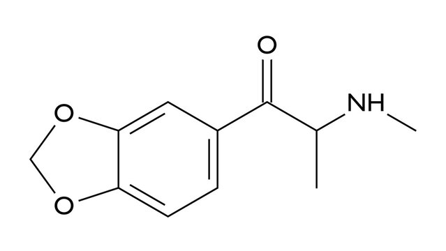 methylone molecule, structural chemical formula, ball-and-stick model, isolated image cns stimulant