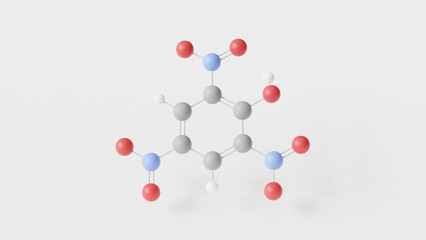 picric acid molecule 3d, molecular structure, ball and stick model, structural chemical formula organic compound
