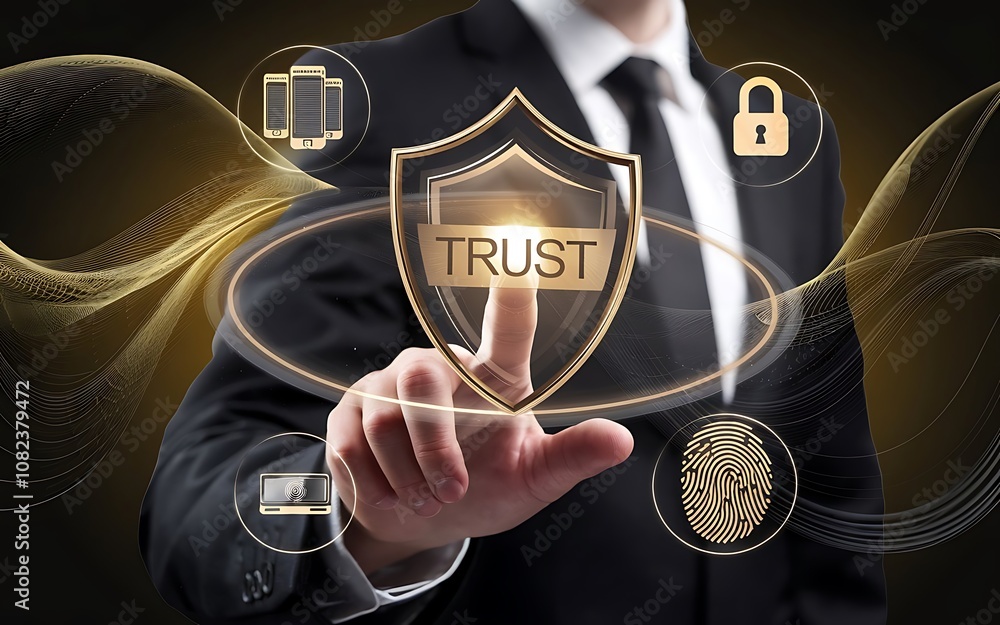 Poster securing trust: a businessman interacts with a digital shield symbolizing trust, security, and data 