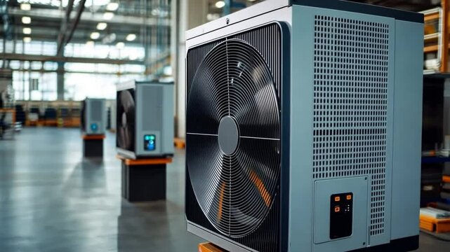 Industrial air purification systems, modern air purifier technology operating in large production plants.4k