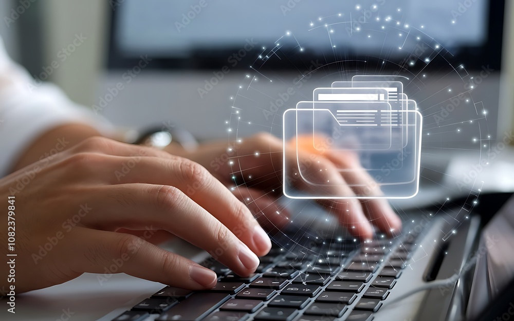 Poster digital workspace: hands typing on a laptop keyboard with a digital folder icon and data network ove
