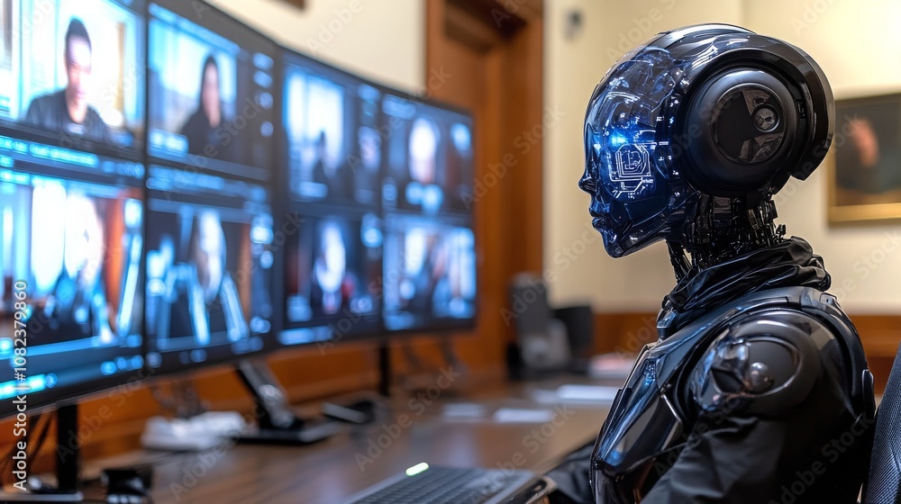 Poster an android participates in an online training session with multiple screens displaying participants