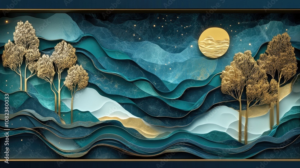 Poster elegant layered landscape with golden trees and abstract waves, featuring a serene moon under a star