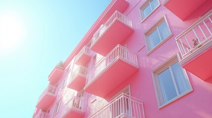 Bright pink building with balconies under a clear blue sky.