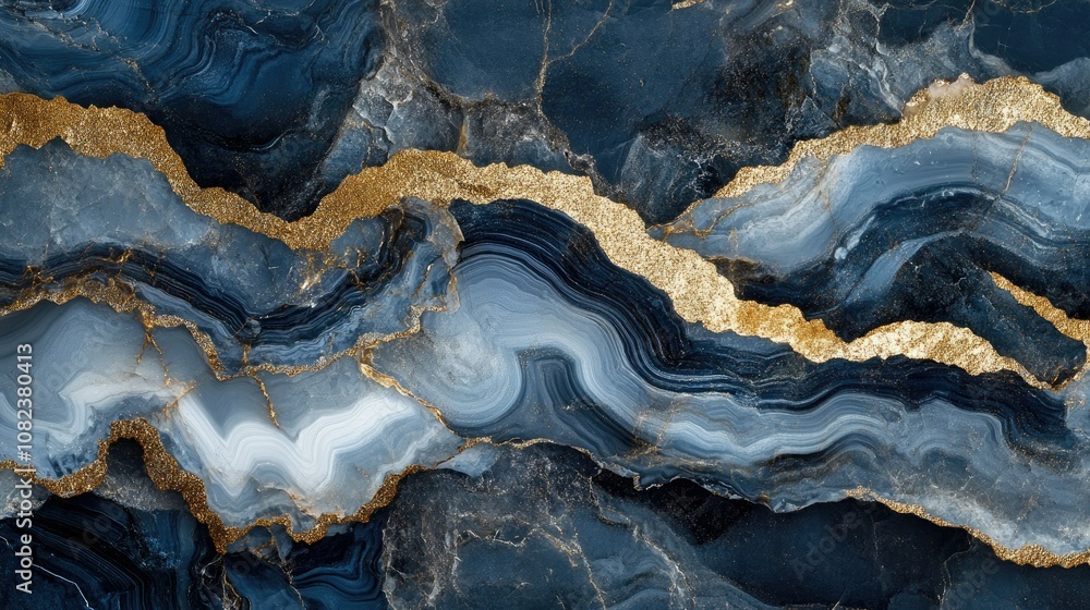 Poster elegant blue and gold marble texture with veins and patterns creating a luxurious abstract backgroun