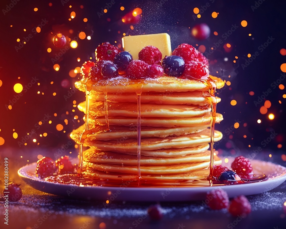 Poster glowing neon pancake stack with melting butter and floating berries junk food concept with copyspace