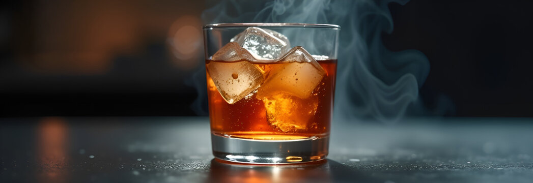 Classic Old Fashioned cocktail on bar counter, featuring whiskey and a ice cubes. Perfect for cocktail menus and upscale nightlife imagery. Selective focus, blurred background.