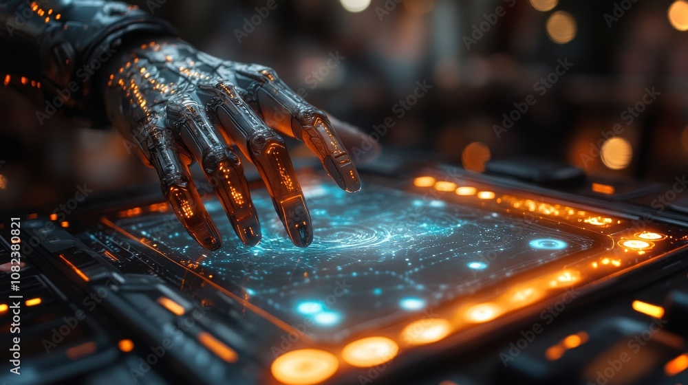 Poster an android artist utilizing a high-tech tablet for creative drawing in a futuristic setting