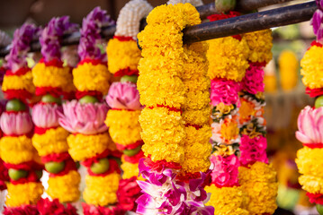 Flower garlands for sale, Buddism religious decorations in Thailand