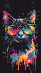 Colorful cat wearing sunglasses with paint splatter effect