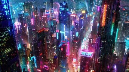 A vibrant, futuristic cityscape illuminated by neon lights at night.