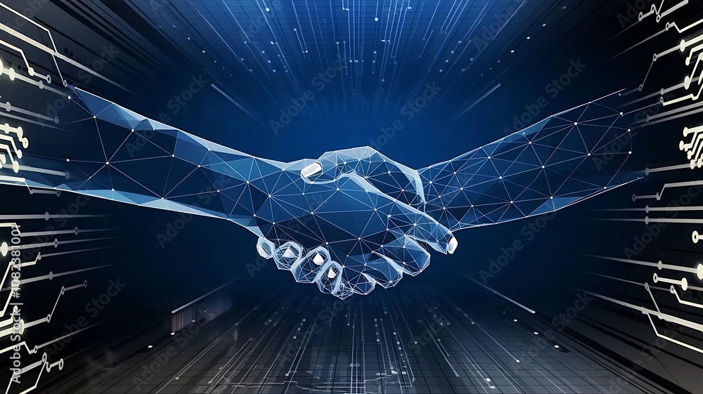 Poster digital handshake: two hands, rendered in a mesmerizing digital mesh, meet in a handshake, symbolizi