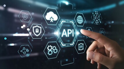businessman pressing virtual button API, application programming interface. cloud computing concept, cloud technology, Saas, Paas, Iaas. AWS Services
