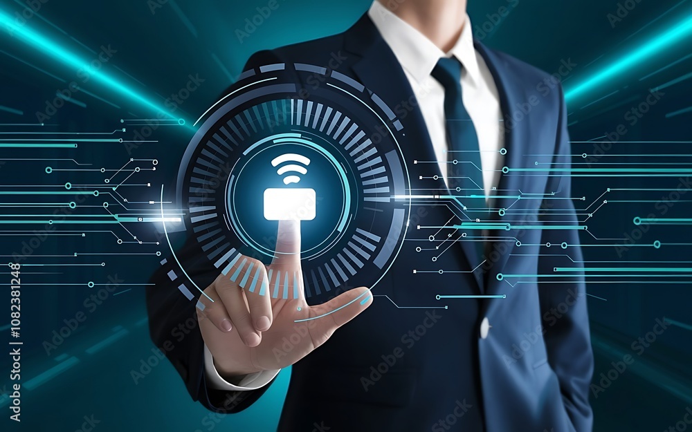 Poster digital transformation: a businessman in a suit confidently presses a virtual button with a wifi sym