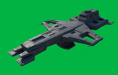 Medium Space Ship with Rear Mounted Cannon Turret on a Green Sceen Background, Side View, 3d digitally rendered science fiction illustration
