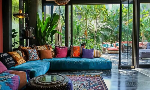 Bohemian hotel lobby with vibrant textiles, eclectic decor, and a view of a lush garden