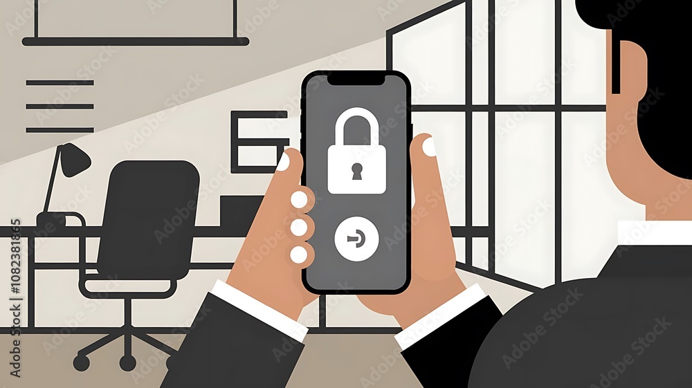 Poster mobile security in the office: a man in a business suit holds a smartphone with a secure lock icon d