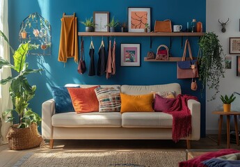 A living room with blue walls. There is an off-white sofa and colorful pillows on it. Some plants in vases are placed around the space