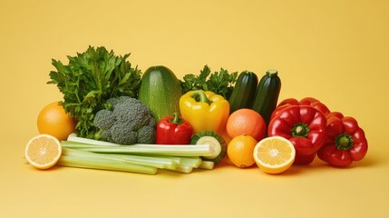 Bright and Colorful Still Life of Fresh Vegetables and Citrus Fruits, Featuring Bell Peppers, Zucchini, Tomatoes, and More on a Yellow Background, Highlighting Health and Freshness.