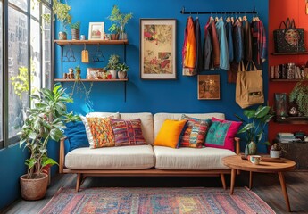 A living room with blue walls. There is an off-white sofa and colorful pillows on it. Some plants in vases are placed around the space