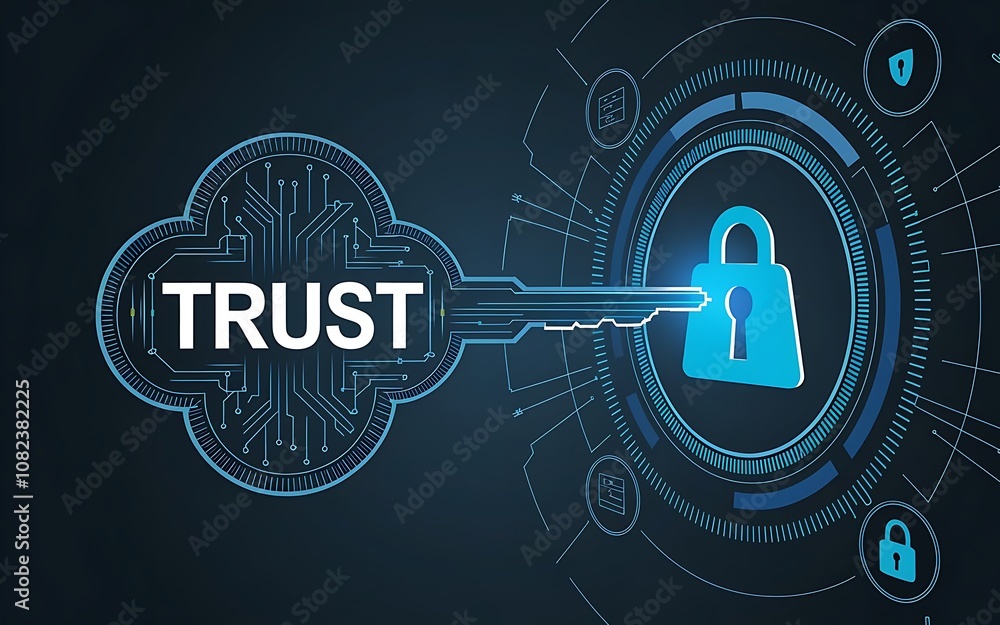 Poster cybersecurity trust key: a digital key unlocks a padlock in a futuristic, abstract design, represent