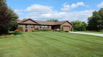 Obraz premium Charming One-Story Brick Residence with Lush Green Lawn and Scenic Cloudy Sky, Ideal for Family Living and Outdoor Activities in a Suburban Neighborhood