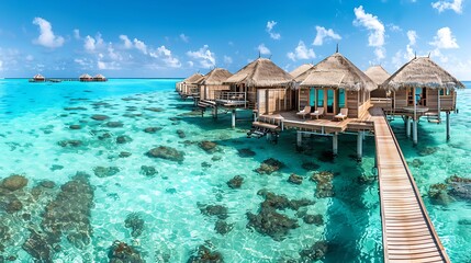 Obraz premium Serene overwater bungalows surrounded by clear turquoise waters and vibrant coral reefs.