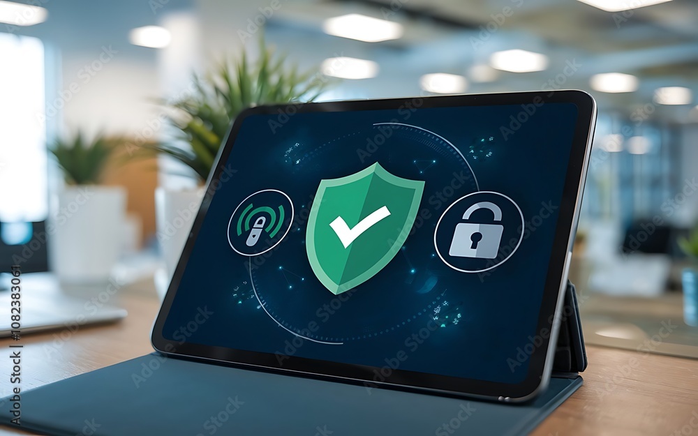 Poster cybersecurity shield: a tablet displaying a green shield with a checkmark, symbolizing robust protec