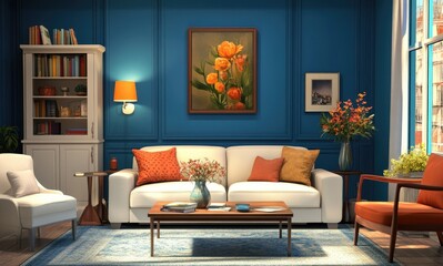 A living room with blue walls, a white sofa and chairs, a wooden floor and coffee table, decorated with flowers in vases on the side tables