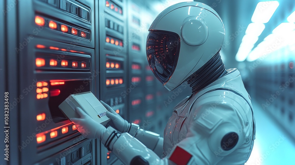 Poster an android retrieving a package from a smart storage unit in a futuristic setting