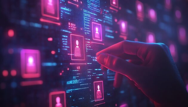 Businessman hand with glowing employee profiles above, digital recruitment concept, job applicant selection, modern database interface, sleek tech design, glowing talent icons