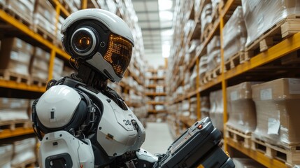 Fototapeta premium Robot managing inventory and logistics in warehouse: