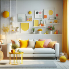 A brightly colored living room with a white couch and yellow accents