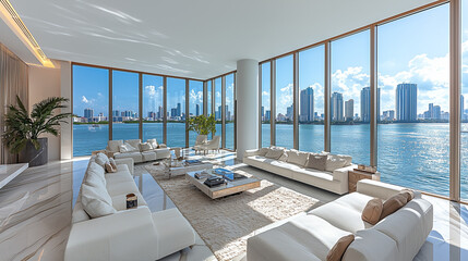 Luxury Waterfront Living Room: Sun-drenched living space with breathtaking panoramic views of the Miami skyline. Modern, minimalist design with luxurious furnishings.