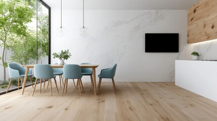 The image captures a minimalist kitchen dining area outfitted with a light wood finish, a trendy modern table, ample natural light, and expansive windows for a sleek look.