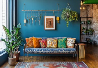 A living room with blue walls. There is an off-white sofa and colorful pillows on it. Some plants in vases are placed around the space