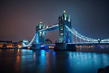 Obraz premium Tower Bridge, illuminated by festive Christmas lights, is reflected in the Thames under a misty winter sky. The architectural lighting adds depth and mystical atmosphere to the iconic London landmark