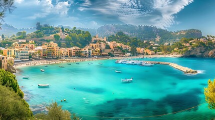 Fototapeta premium A picturesque coastal view featuring colorful buildings, boats, and clear turquoise waters.