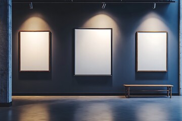 A minimalist gallery space with empty frames and a bench for viewing art.