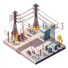 Power Substation: A Detailed Isometric Illustration of Electrical Infrastructure